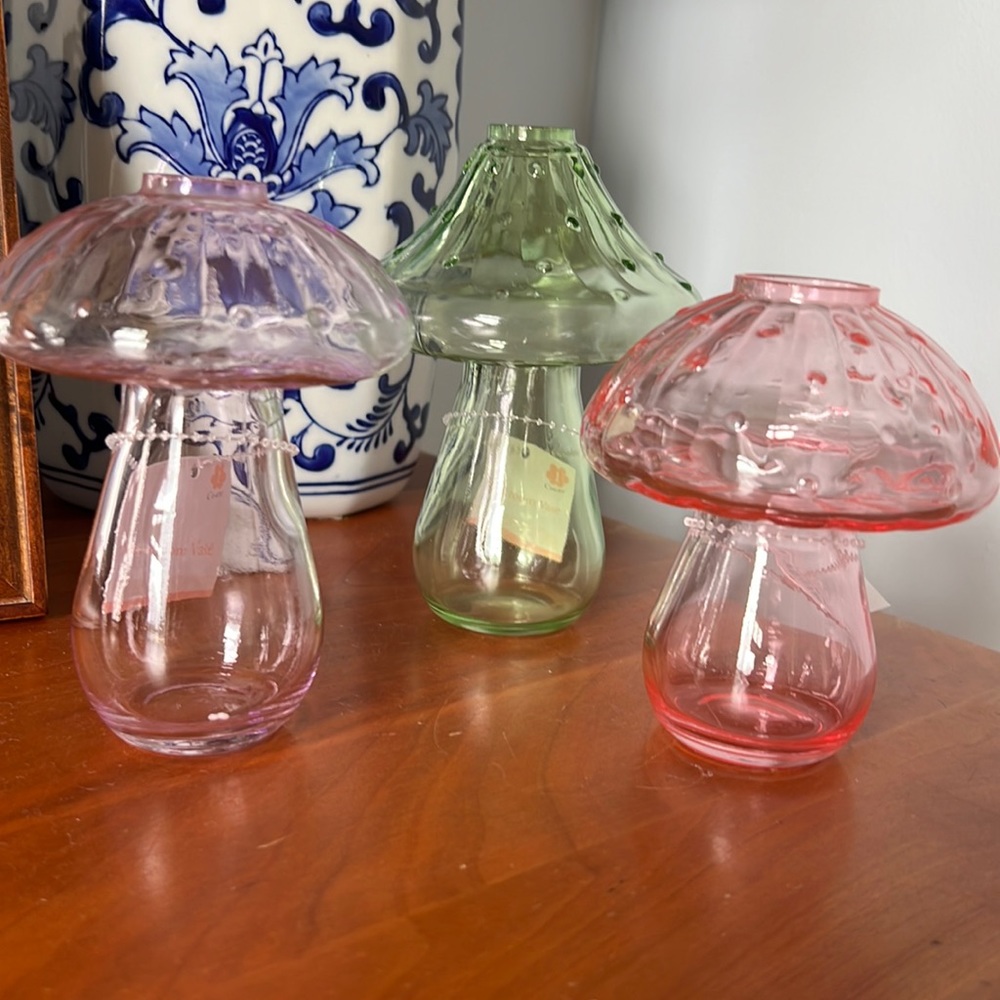 Pastel trio of sweet clear mushroom glass vases